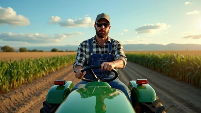 A farmer operates a green tractor navigating rows of growing corn under a colorful sunset sky in a vast field