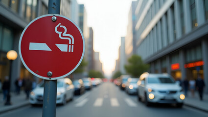 Smoke free cityscape and no tobacco sign border frame with copy space for World No Tobacco Day concept as Smoke free cityscape illustration paired with no tobacco sign forming a border with copy space