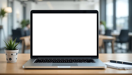 Fototapeta premium Laptop with blank white screen, wooden desk, small potted succulent, pen and notebook, modern office interior, bright lighting, minimalist workspace, blurred background, clean aesthetic, professional 