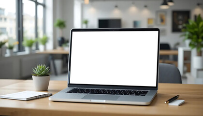 Laptop with blank white screen, wooden desk, small potted succulent, pen and notebook, modern office interior, bright lighting, minimalist workspace, blurred background, clean aesthetic, professional 