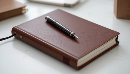 A rich brown leather journal awaits inspiration, a sleek pen poised to capture thoughts and dreams, resting on a bright white surface.