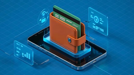 The image features a smartphone, virtual wallet, brown leather wallet, green credit cards, and digital interface elements, showcasing a modern aesthetic integrating digital finance and technology.