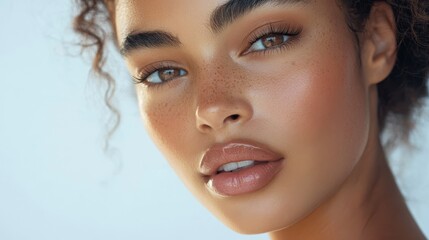 Naklejka premium Radiant Portrait: A close-up shot of a young woman with sun-kissed skin, freckles, and alluring eyes, showcasing beauty and natural elegance.