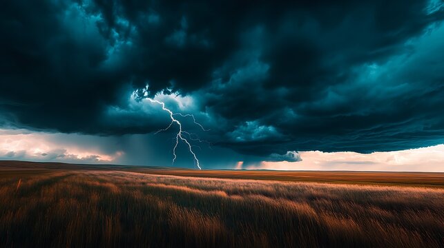 A dramatic storm over a vast open prairie, lightning bolts striking the ground as dark clouds roll in