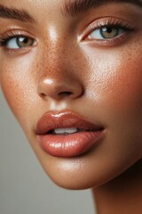 Naklejka premium Radiant Glow: A close-up portrait showcasing the flawless, luminous complexion and striking features of a beautiful individual, epitomizing natural beauty and healthy skin.