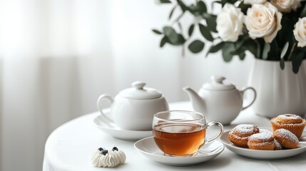 Peaceful morning tea time with a selection of homemade cookies or pastries a traditional teapot and cups and a beautiful floral arrangement of fresh roses