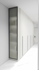 This image showcases a sleek, modern hallway with built-in storage, a frosted glass cabinet, and minimalist white paneling. The clean lines and soft lighting create a stylish, contemporary space