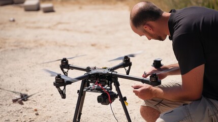 A drone technician developing inspection drones for infrastructure monitoring, industrial site with drones, structural components