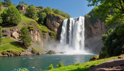 Fototapeta premium Majestic waterfall cascading into serene lake, nature's grandeur