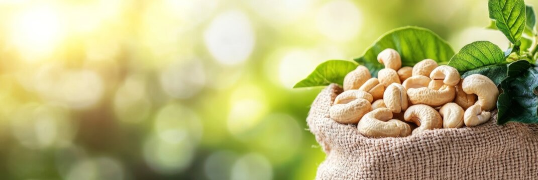 Heap of Organic Cashew Nuts in a Burlap Bag on a Blurred Greenery Background, Healthy Snack