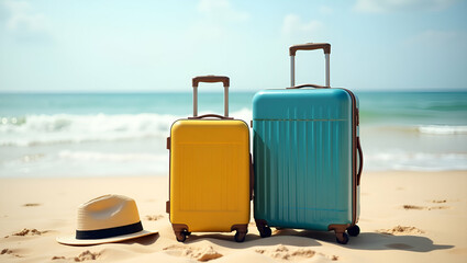 Stylish Flat Suitcase and Travel Accessories for Your Perfect Beach Vacation: Elevate Your Travel Experience with Our Cute Vector Illustrations of Smart Business Essentials on Sandy Shores