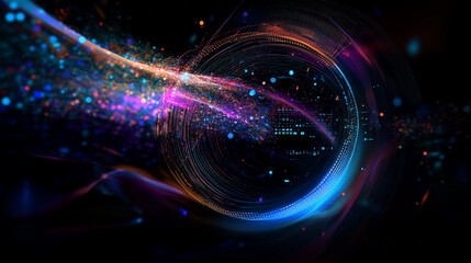 dynamic digital circle, swirling lines and glowing particles, data in motion. technology and creativity, binary code, computer, energy, abstract artwork, AI, futuristic science, space, black hole