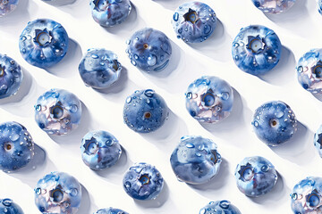 Blueberries with water drops on clean white background in seamless pattern, close-up of fresh juicy berries for healthy organic food concept