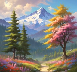 Illustration of blossom forest in spring season.