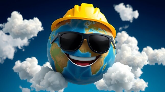 Planet Earth Smiling and Wearing a Yellow Construction Helmet Concept for International Labour Day and World Earth Day 2025