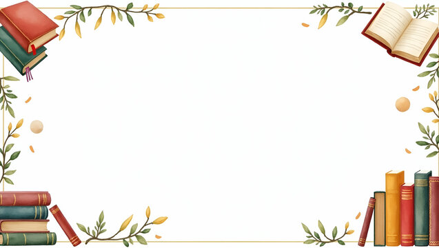 Artistic International Book Day Frame: Watercolor Books & Literary Motifs with Text Space - Perfect for Photo Stock Concepts Featuring Empty Space on the Left Side