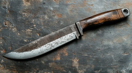 Rustic Hunting Knife Worn Blade with Wooden Handle on Weathered Surface , Premium Handmade Hunting Knife with Polished Wooden Handle on Dark Background