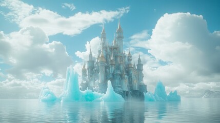 Magical Ice Castle on a Misty Sea
