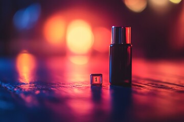Red bottle and number cube on glowing background