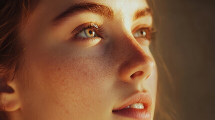 Inner Reflection: A close-up captures the radiant beauty of a young woman's face, highlighted by soft, warm lighting, showcasing her gaze and inner peace.