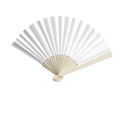 A white paper folding fan, fully opened, with light-colored wooden or bamboo ribs visible at the base and extending to support the pleated paper.


