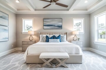 A well decorated bedroom featuring a large bed and furniture