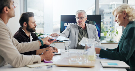 Serious, group and documents in meeting, collaboration and negotiation for global trade in business. Teamwork, colleagues and people with paperwork for international investment, trader and ideas