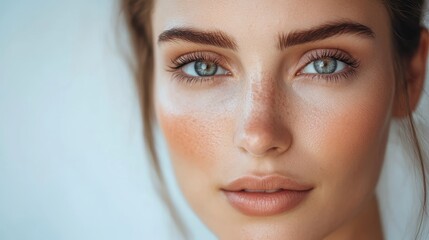 Fototapeta premium Radiant Beauty: A close-up captures the captivating face of a beautiful woman with striking features, showcasing natural elegance and timeless allure. 