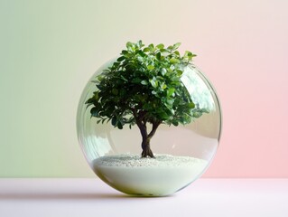 There is a tree beautifully placed inside a glass ball on a white background