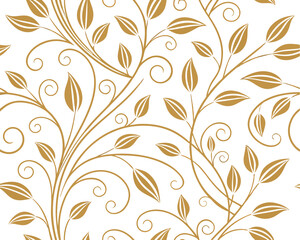 Luxury golden flowers and leaves repeat, sophisticated botanical illustration on a clean white backdrop © Design Planer