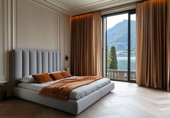 Luxurious bedroom interior showcases a bed with a scenic outside view