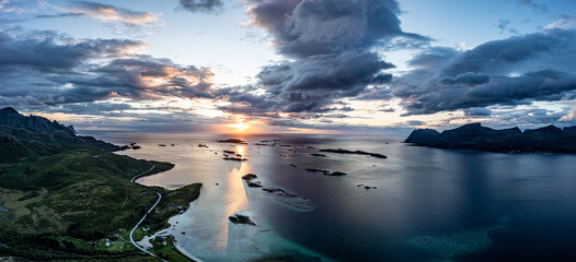 Aerial Panorama with sunset, Hamn i Senja, Norway