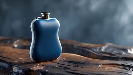 Sleek blue flask on wooden surface. Elegant design for drinks, smooth curves