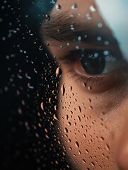 Close-up of a person's eye. the eye is the focal point of the image, with the iris and eyelashes clearly visible. the iris is a deep blue color, and the eyelashes are a lighter shade of blue.