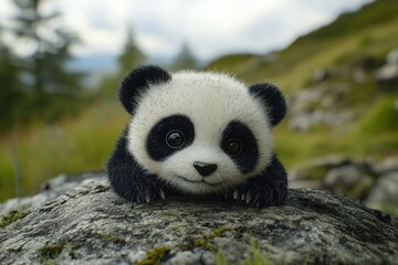 A giant panda bear is comfortably laying on a rock in the grass
