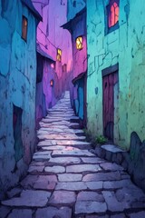 Obraz premium A narrow and winding cobblestone street between colorful buildings at dusk