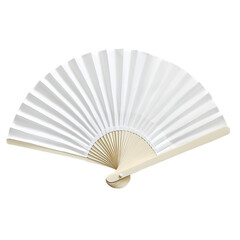 A white paper folding fan, fully opened, with light-colored wooden or bamboo ribs visible at the base and extending to support the pleated paper.


