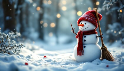 Fototapeta premium Cheerful Snowman in Snowy Forest with Red Scarf and Hat
