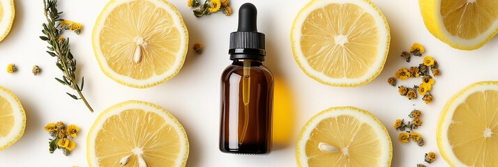 Citrus Freshness Flat Lay of Natural Skincare and Lemon Essence with Space for Marketing Text