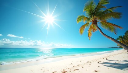 Fototapeta premium Relaxing Tropical Beach with Palm Tree, Turquoise Water, and Bright Sun