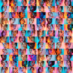 Colorful montage of vibrant portraits with neon lighting and diverse individuals