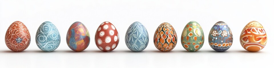 Colorful easter eggs are lined up on a white background