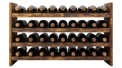 Wine Rack Elegance: A wooden wine rack elegantly displays rows of premium wine bottles, evoking the essence of fine dining, special occasions, and refined tastes.