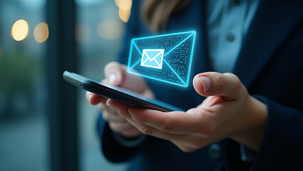 Close-Up of a Woman's Hand Using Smartphone with Email Icon - Highlighting Mobile Communication and Productivity in Photo Stock Concept with Copy Space
