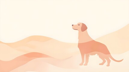 Fototapeta premium Playful dog standing on a hilltop, light orange silhouette against soft pastel landscape, perfect for pet-themed designs.