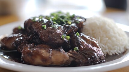 Dark Sauce Chicken with Rice on Plate