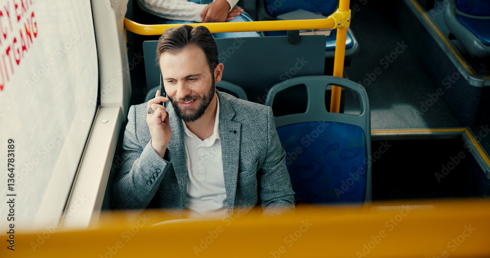 Poster business, commute and phone call with man on bus for communication or public transport to work. conv