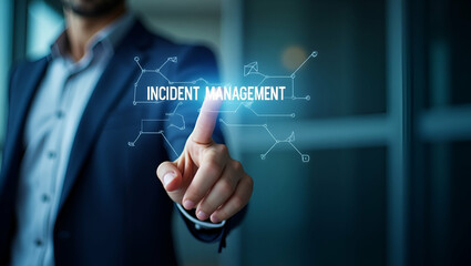 Incident management process business technology concept with businessman touching virtual incident management word diagnosing and resolving unexpected problems that occur. concept as Businessman inter