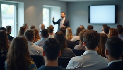 Speaker Presenting to Audience at Conference with Blank Screen Display