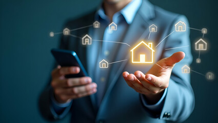 3d Flat icon as Person with smart home automation app and tech overlay symbolizing app controlled home management in double exposure with copy space. concept as A person intertwined with a smart home 